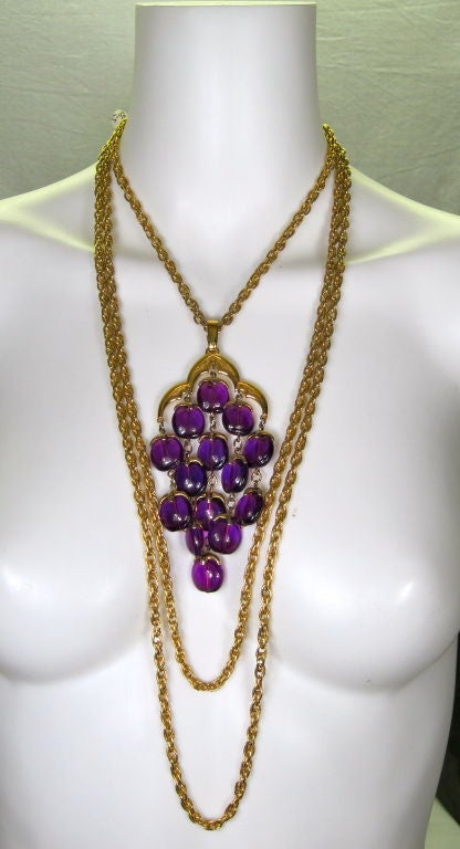 VINTAGE MASSIVE TRIFARI PUPLE DROPS MULTI STRAND RUNWAY NECKLACE