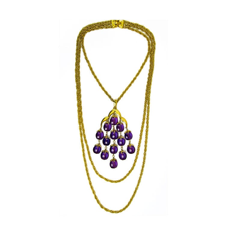 VINTAGE MASSIVE TRIFARI PUPLE DROPS MULTI STRAND RUNWAY NECKLACE For Sale