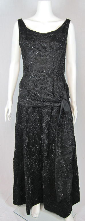 1940s 50's FULL LENGTH BLACK JET  HEAVILY BEADED GOWN W/SASH
