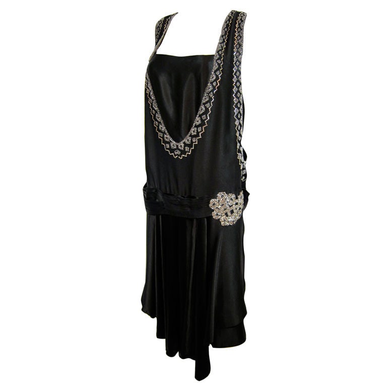 1920s SATIN RHINESTONE & BEADED FLAPPER DRESS For Sale