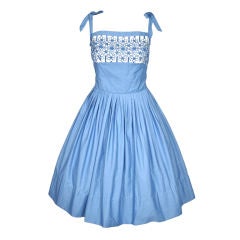 VINTAGE 1950s BLUE & WHITE FRESH SUMMER COTTON FULL SKIRT DRESS