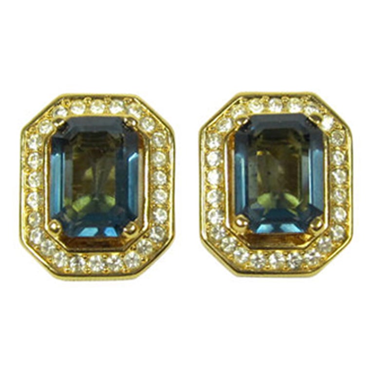 Christian Dior Emerald Cut Sapphire Swarovski Crystal Earrings For Sale