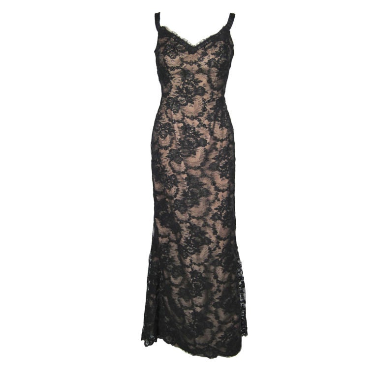 VINTAGE NUDE and BLACK LACE MERMAID GOWN For Sale at 1stDibs