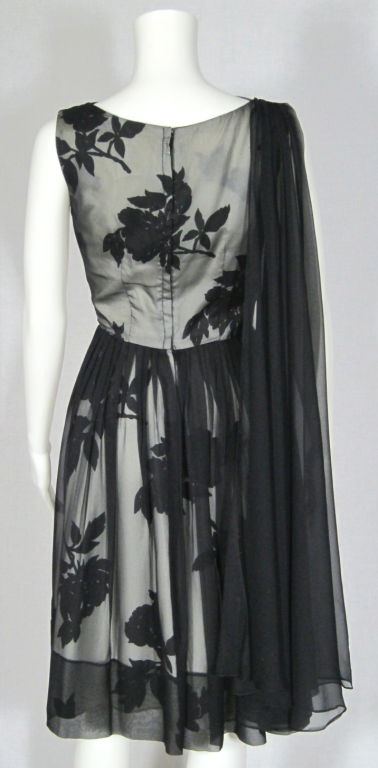 VINTAGE EARLY 1960s CHIFFON OVER TAFFETA SHOULDER SASH DRESS For Sale 1