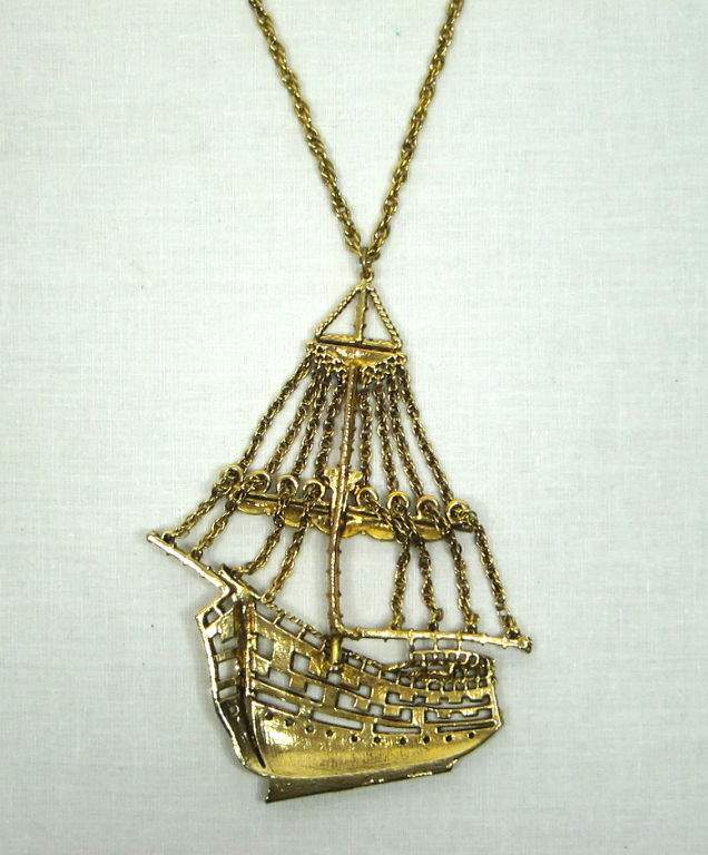 Women's Vintage 1950s Gold-tone Pirate Ship Statement Necklace For Sale