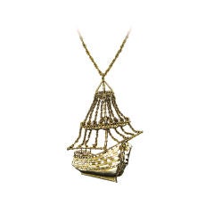 Vintage 1950s Gold-tone Pirate Ship Statement Necklace
