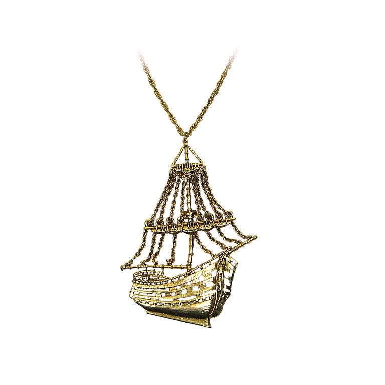 Vintage 1950s Gold-tone Pirate Ship Statement Necklace For Sale