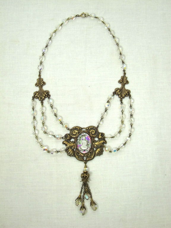 VINTAGE 1960s VICTORIAN REVIVAL BUDDHA CAMEO CRYSTAL NECKLACE