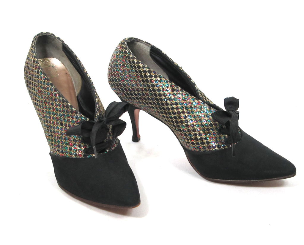black glitter lace up heels