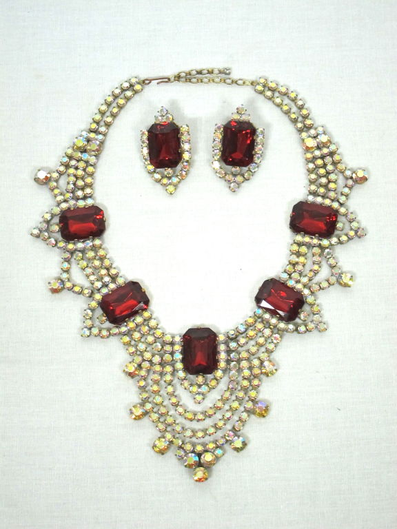 Massive Czech Aurora Borealis & Red Runway Necklace & Earrings