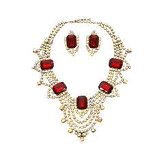 Vintage Massive Czech Aurora Borealis & Red Runway Necklace & Earrings