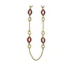 Vintage MIRIAM HASKELL GOLD & RED LUCITE CHAIN NECKLACE