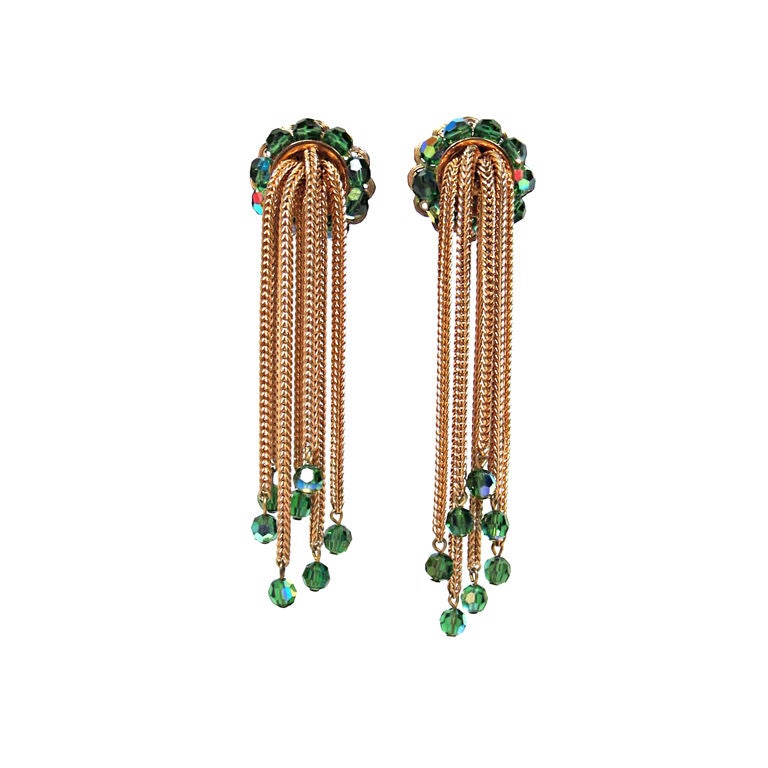 VINTAGE NAPIER GREEN & GOLD CHAIN CASCADE EARRINGS For Sale