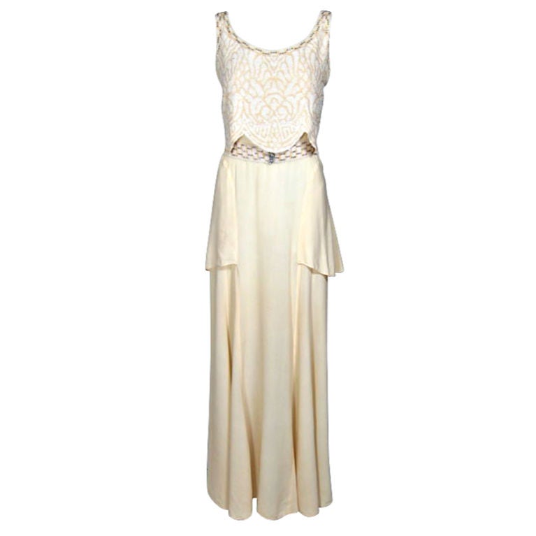 1930s CREAM BIAS SILK EVENING GOWN w BEADED SHELL and BELT For Sale at ...