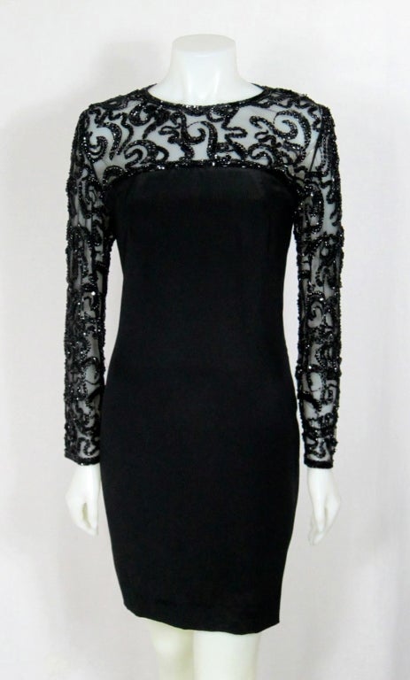 OLEG CASSINI SHEER BEADED COCKTAIL DRESS