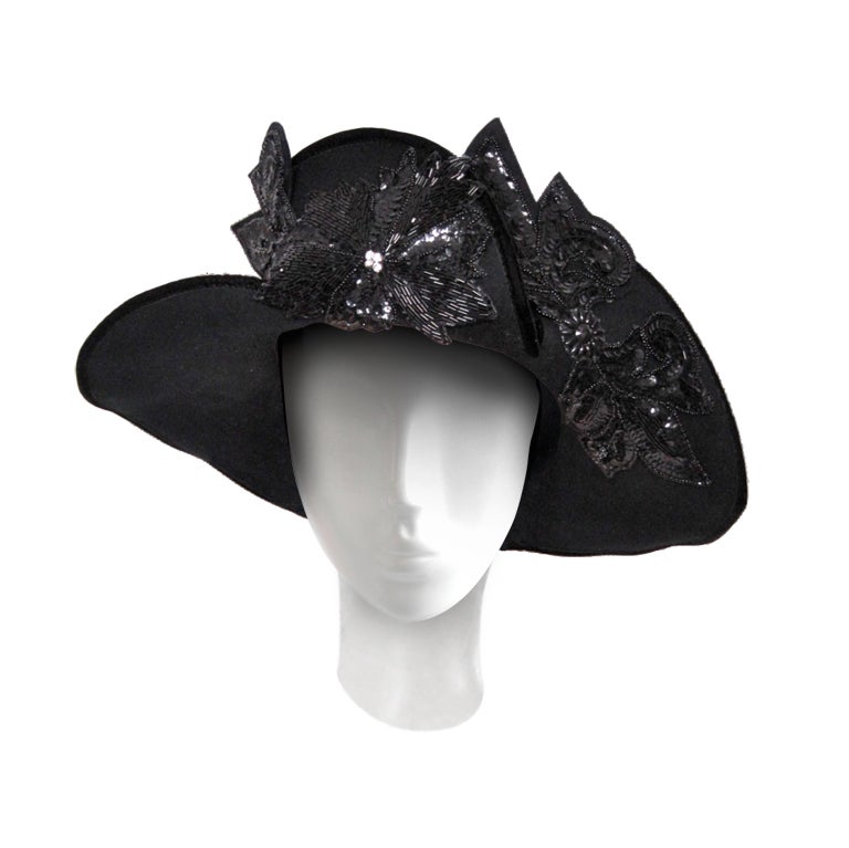 KENTUCK DERBY  NIGHT MASSIVE JET BLACK  BEAD SEQUIN FLOWERS HAT For Sale