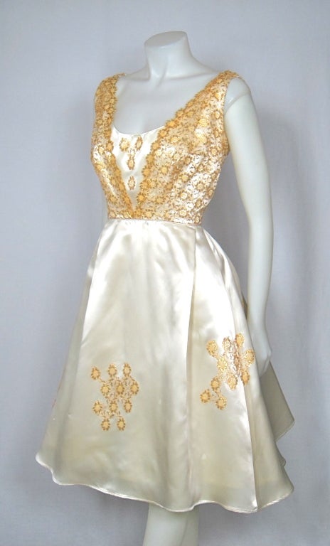 Vintage 1960s Cream Satin & Gold Lace Party Dress In Excellent Condition For Sale In San Francisco, CA