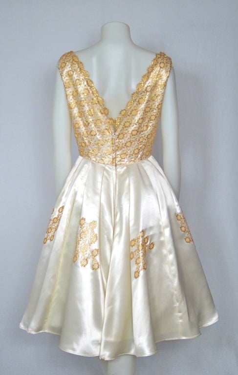 Women's Vintage 1960s Cream Satin & Gold Lace Party Dress For Sale