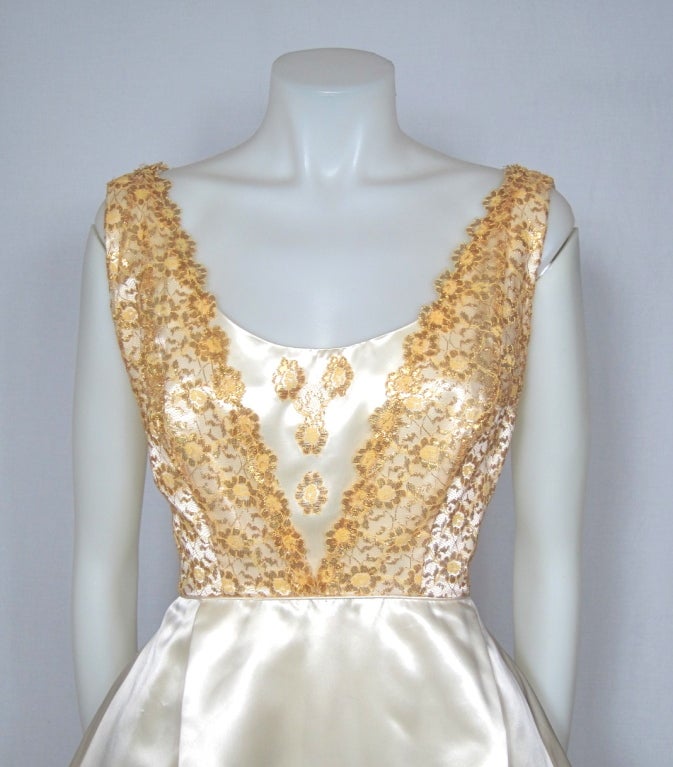 Vintage 1960s Cream Satin & Gold Lace Party Dress For Sale 1