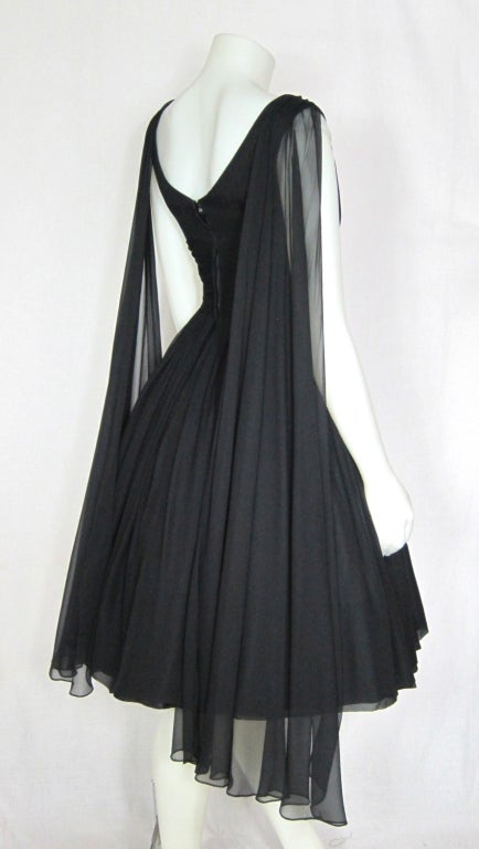 Women's VINTAGE 1950s Black Chiffon Party Dress w Shoulder Sashes For Sale