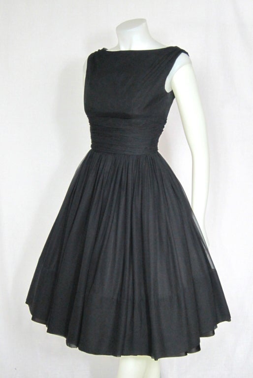 VINTAGE 1950s Black Chiffon Party Dress w Shoulder Sashes For Sale 1