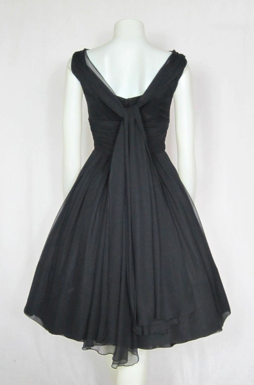 VINTAGE 1950s Black Chiffon Party Dress w Shoulder Sashes For Sale 2