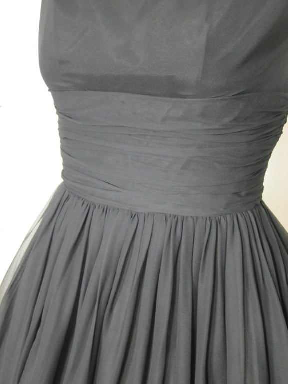 VINTAGE 1950s Black Chiffon Party Dress w Shoulder Sashes For Sale 4