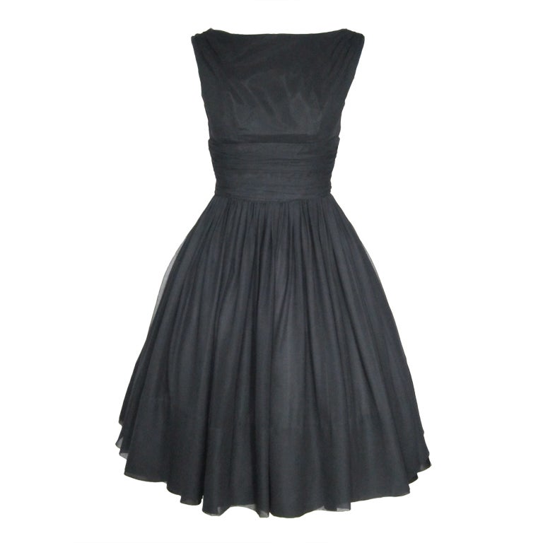 VINTAGE 1950s Black Chiffon Party Dress w Shoulder Sashes For Sale