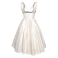 1950s SHELF BUST WHITE DAMASK PARTY WEDDNG DRESS velvet trim