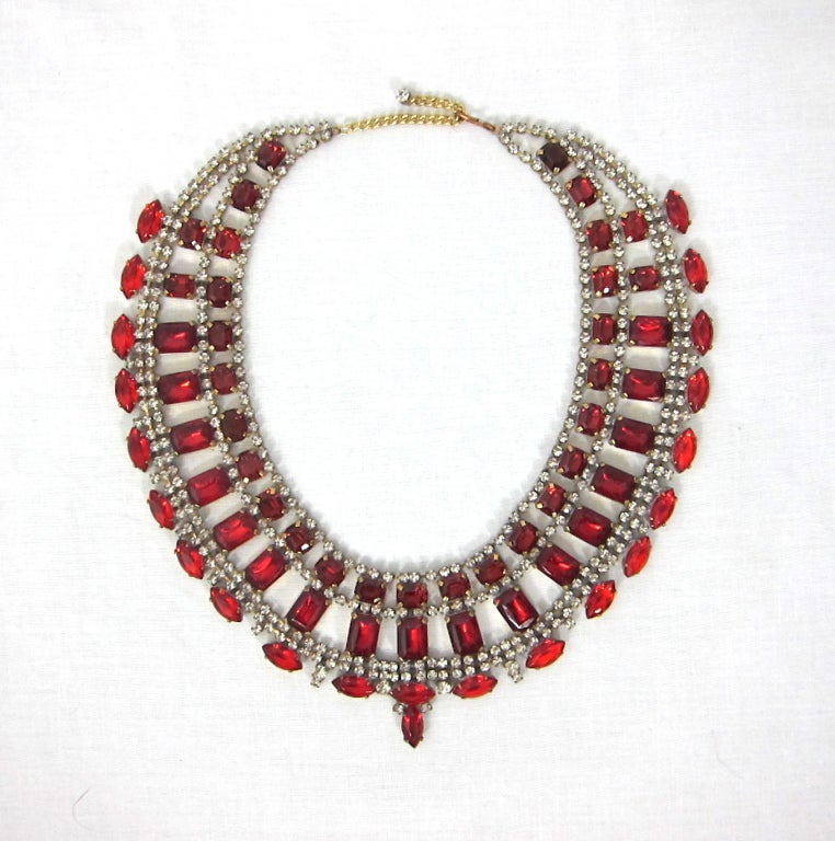 VINTAGE CZECH CLEOPATRA COLLAR NECKLACE RED & CLEARN RHINESTONES