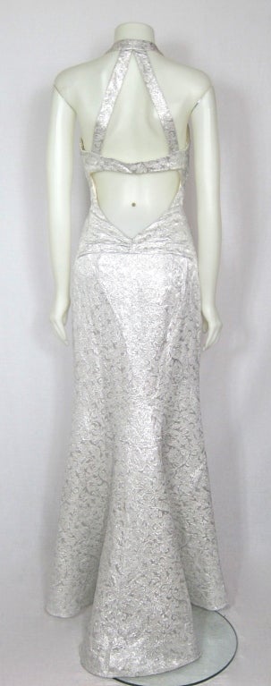 Women's SILVER METALLIC CAGE LOW BACK HALTER FISH TAIL  FORMAL DRESS For Sale