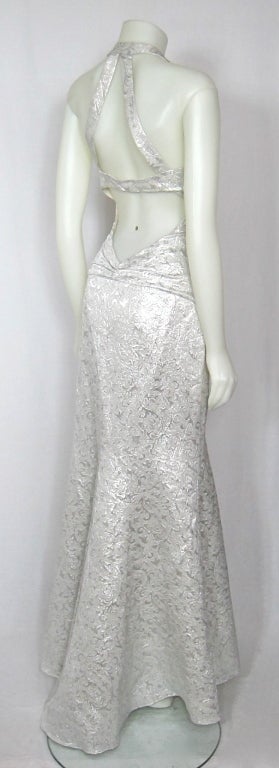 SILVER METALLIC CAGE LOW BACK HALTER FISH TAIL  FORMAL DRESS For Sale 1