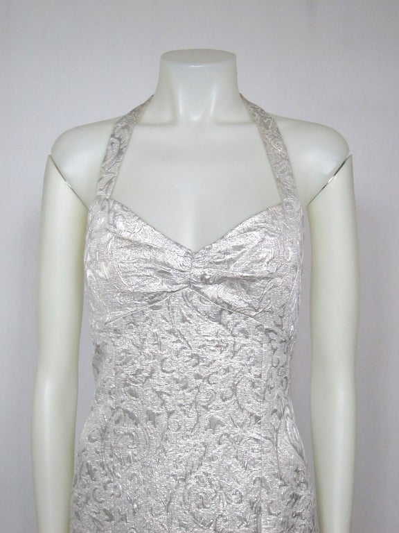 SILVER METALLIC CAGE LOW BACK HALTER FISH TAIL  FORMAL DRESS For Sale 2