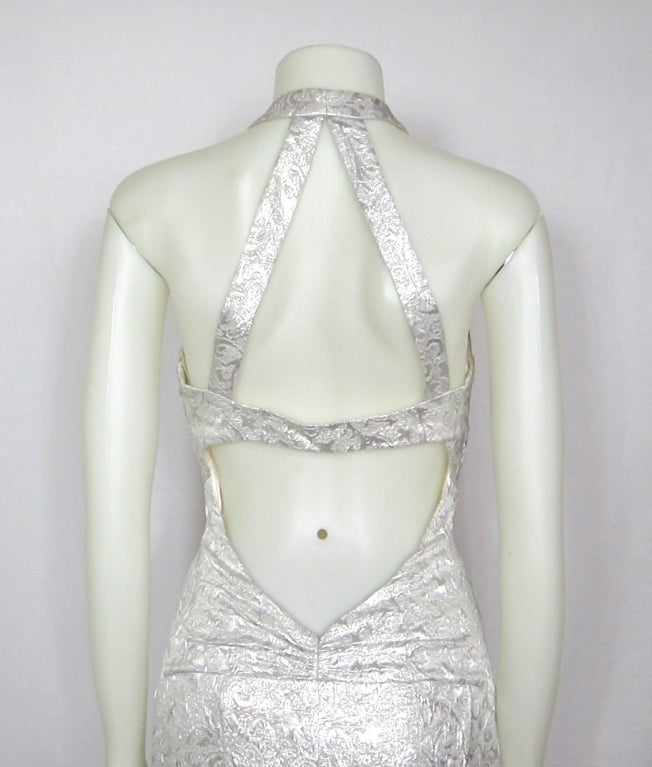 SILVER METALLIC CAGE LOW BACK HALTER FISH TAIL  FORMAL DRESS For Sale 3
