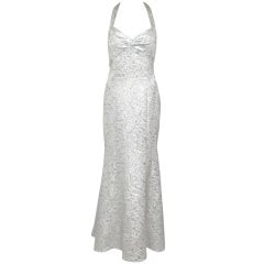SILVER METALLIC CAGE LOW BACK HALTER FISH TAIL  FORMAL DRESS