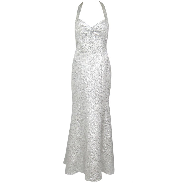 SILVER METALLIC CAGE LOW BACK HALTER FISH TAIL  FORMAL DRESS For Sale