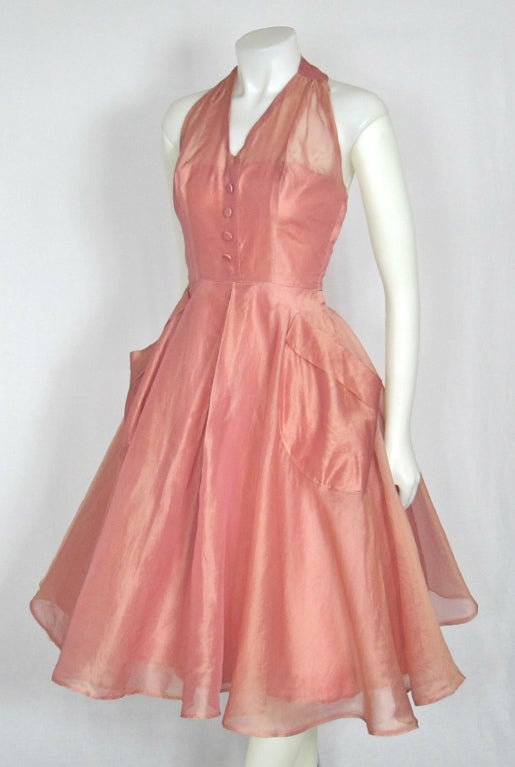 VINTAGE 1950s Rose Pink Organza Party Dress In Excellent Condition For Sale In San Francisco, CA