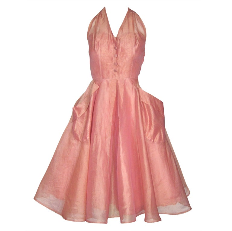 VINTAGE 1950s Rose Pink Organza Party Dress For Sale