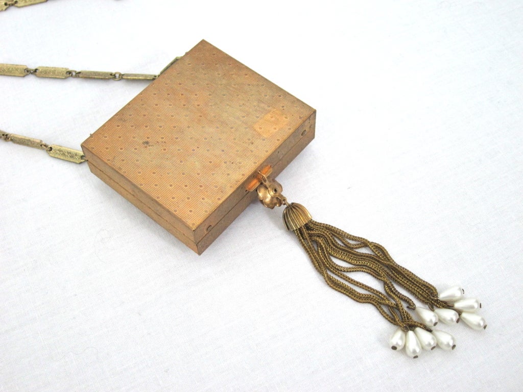 VINTAGE Enamel & Mother of Pearl Compact Chatelaine Purse For Sale 1