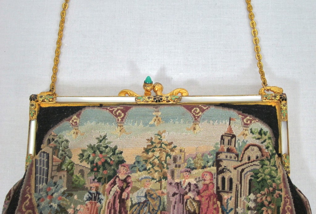Women's VINTAGE Renaissance Scene Needlepoint Purse w Ornate Frame For Sale