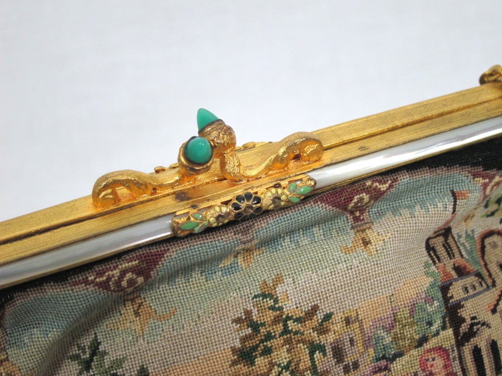 VINTAGE Renaissance Scene Needlepoint Purse w Ornate Frame For Sale 1