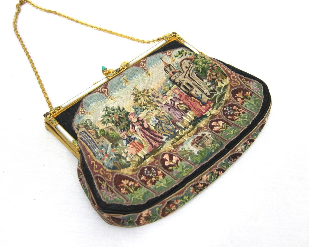 VINTAGE Renaissance Scene Needlepoint Purse w Ornate Frame For Sale 4