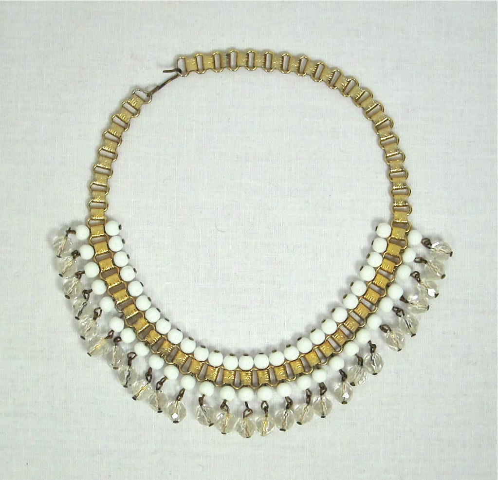 1940s Clear Stone  & Milk Stone Gold Book Chain Festoon Necklace