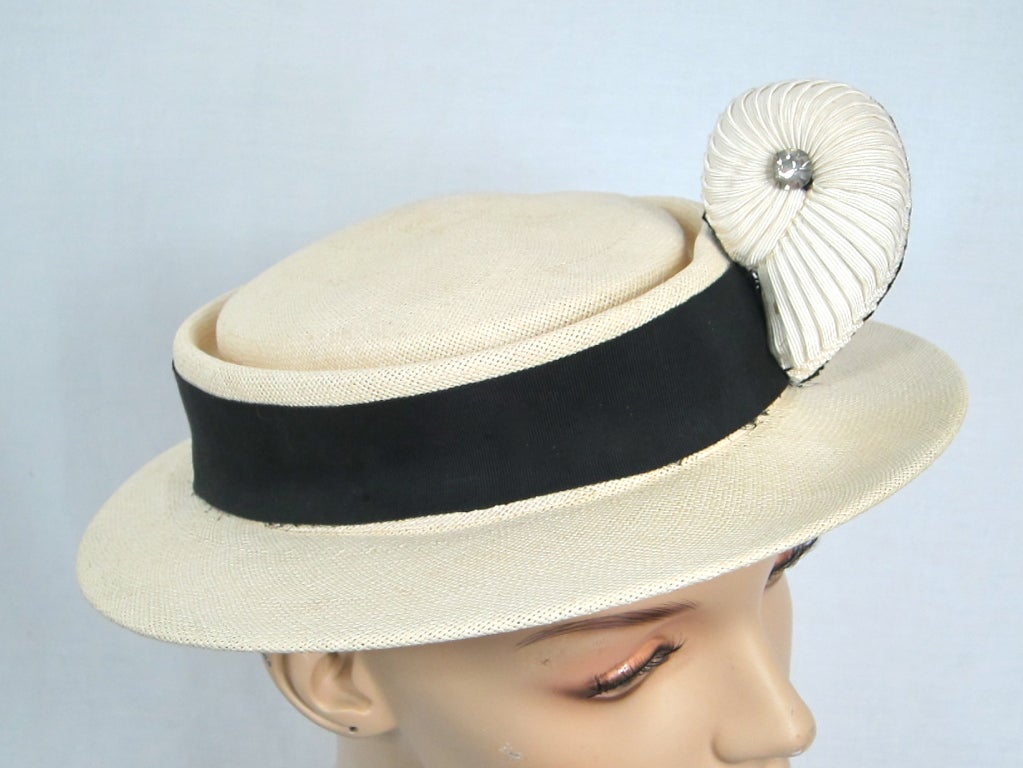 Circa 1950 Woven Straw Hat w Grosgrain Nautilus