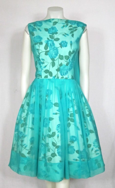 VINTAGE 1950s FLORAL CHIFFON OVERLAY DRESS w SHOULDER SASH