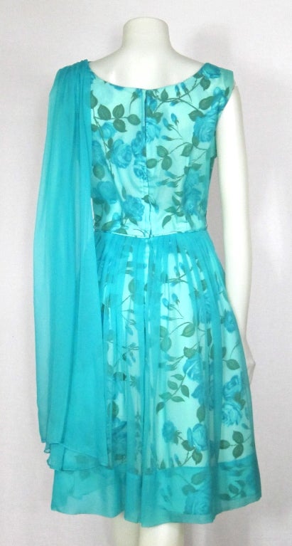 VINTAGE 1950s FLORAL CHIFFON OVERLAY DRESS w SHOULDER SASH In Excellent Condition For Sale In San Francisco, CA