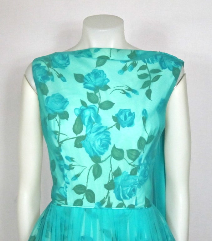 Women's VINTAGE 1950s FLORAL CHIFFON OVERLAY DRESS w SHOULDER SASH For Sale