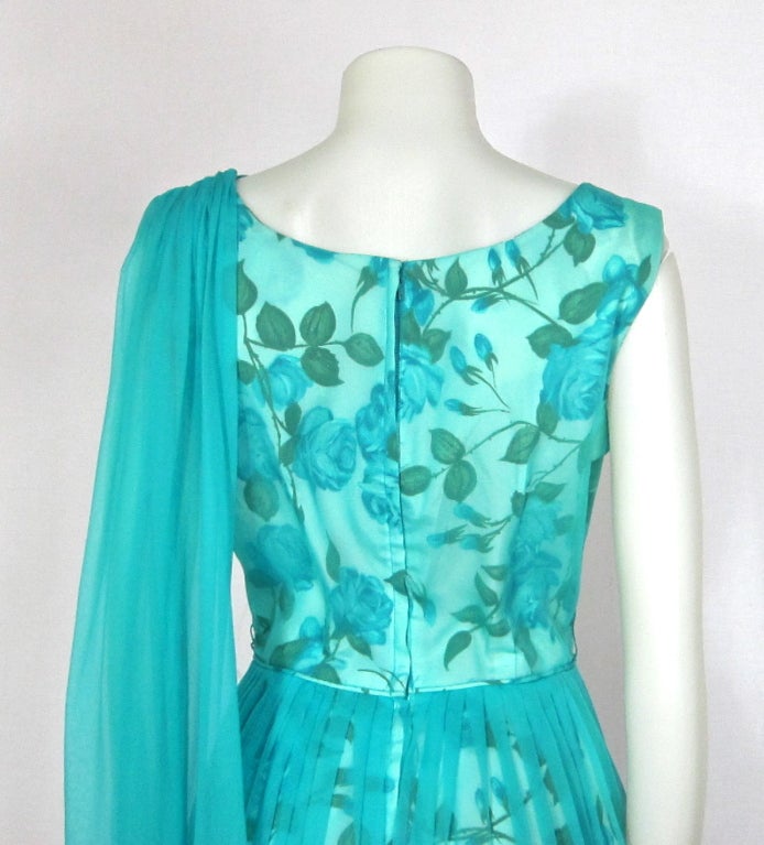 VINTAGE 1950s FLORAL CHIFFON OVERLAY DRESS w SHOULDER SASH For Sale 1