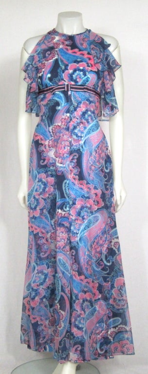 VINTAGE PAISLEY CHIFFON FLUTTER SLEEVE MAXI DRESS