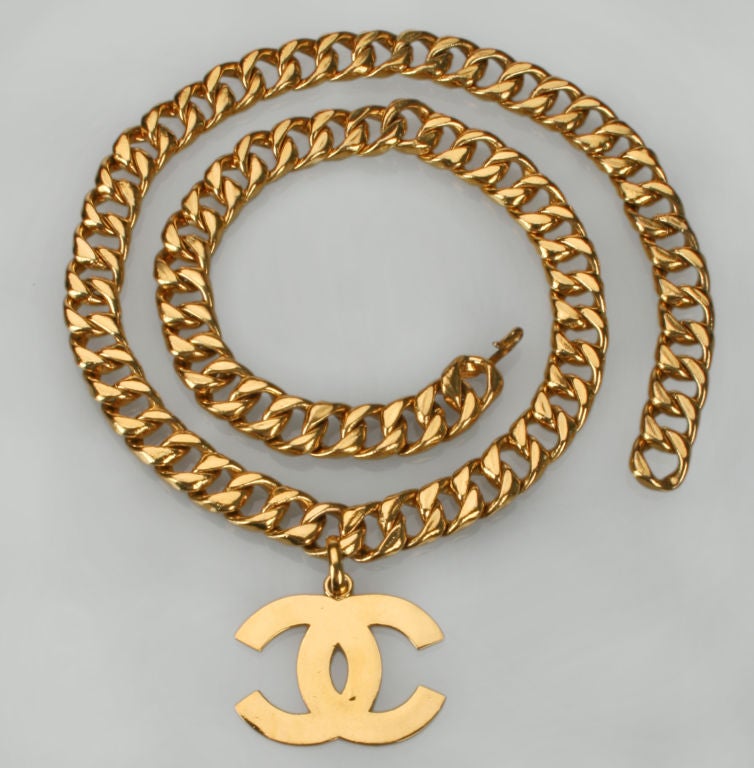 This is a fun CHANEL piece as the logo is large and that makes it over the top.  It looks great by itself or layered with other Chanel pieces. It can also be used as a belt.
Marked 